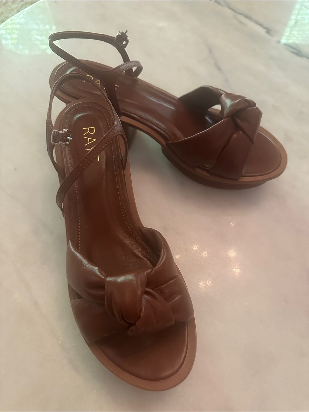 RAYE Chestnut Knotted Leather Ankle-Strap Sandals